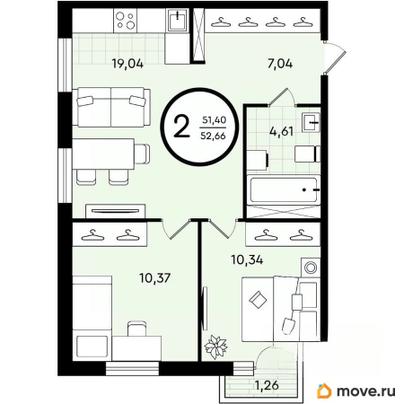 2-комн. квартира, 52.66 м&sup2;