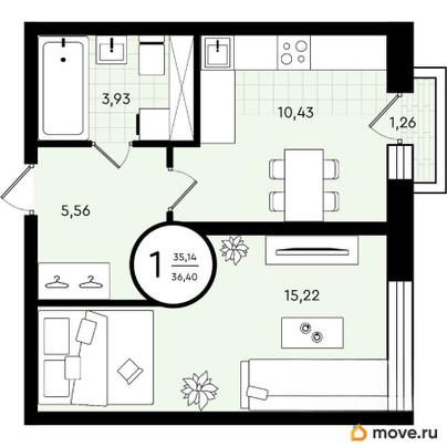 1-комн. квартира, 36.4 м&sup2;
