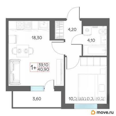 1-комн. квартира, 40.9 м&sup2;