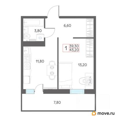 1-комн. квартира, 43.2 м&sup2;