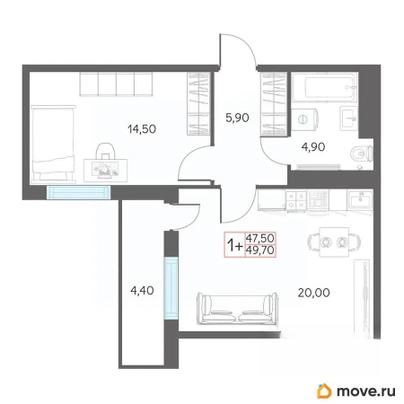 1-комн. квартира, 49.7 м&sup2;