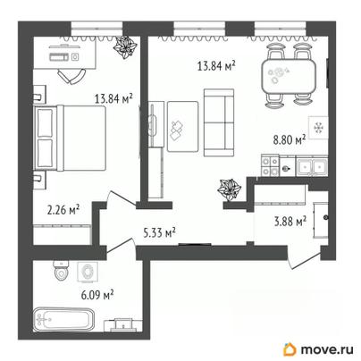 1-комн. квартира, 54.04 м&sup2;
