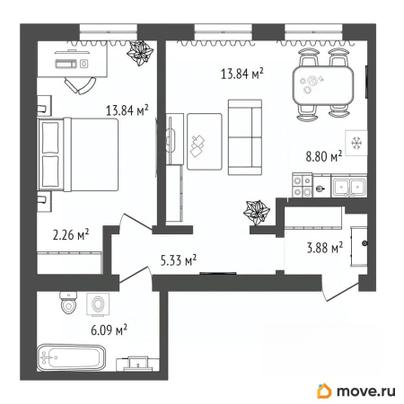 2-комн. квартира, 54.04 м&sup2;