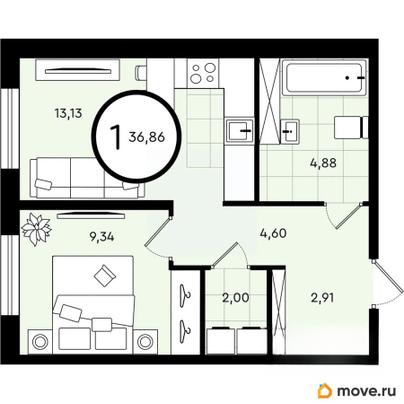 1-комн. квартира, 36.86 м&sup2;