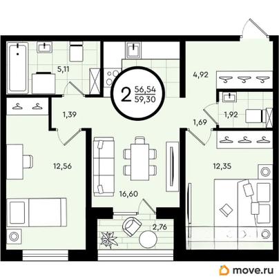 2-комн. квартира, 59.3 м&sup2;