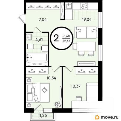 2-комн. квартира, 52.66 м&sup2;