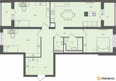 3-комн. квартира, 101.1 м&sup2;