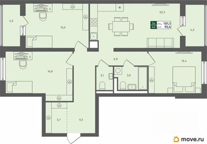 3-комн. квартира, 101.1 м&sup2;