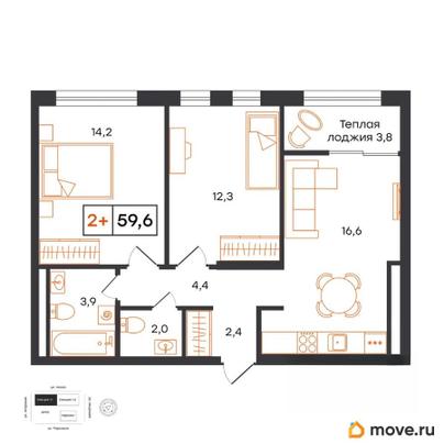 2-комн. квартира, 59.6 м&sup2;