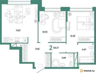 2-комн. квартира, 58.27 м&sup2;