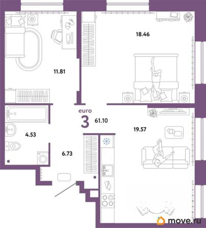 3-комн. квартира, 60.68 м&sup2;