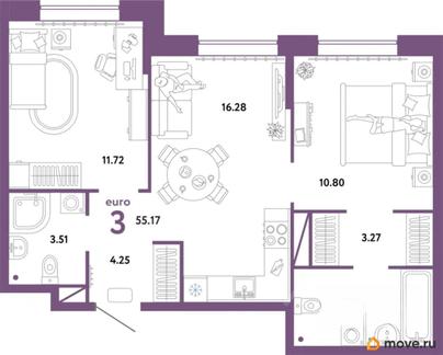3-комн. квартира, 55.17 м&sup2;