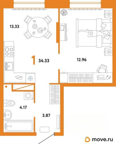 1-комн. квартира, 34.33 м&sup2;