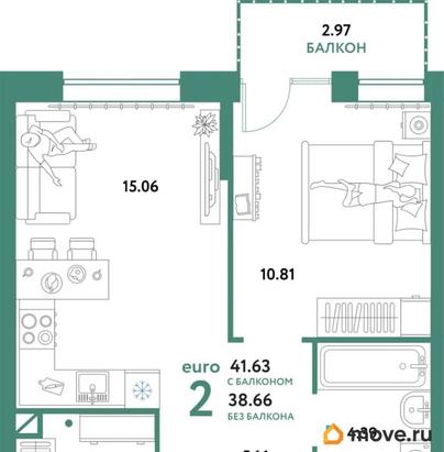 2-комн. квартира, 41.63 м&sup2;