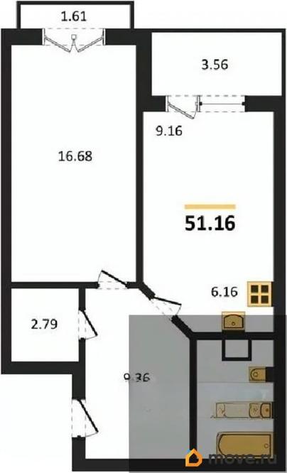 1-комн. квартира, 50.69 м&sup2;