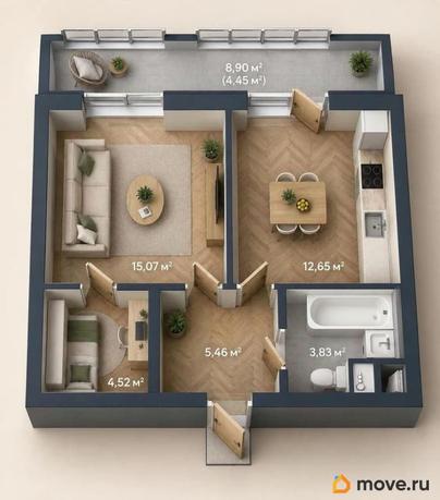 1-комн. квартира, 45.47 м&sup2;