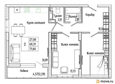 2-комн. квартира, 71.6 м&sup2;