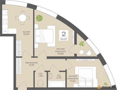 2-комн. квартира, 55.37 м&sup2;