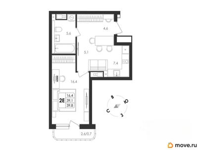 2-комн. квартира, 39.8 м&sup2;