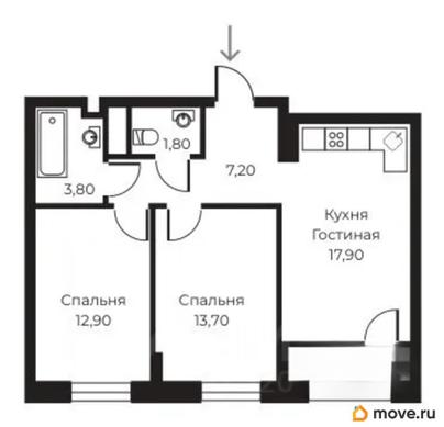 2-комн. квартира, 58.7 м&sup2;