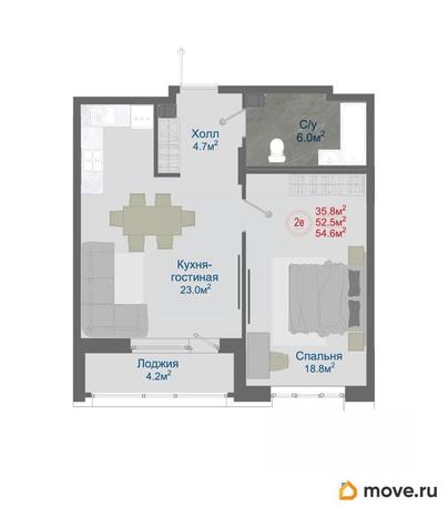 2-комн. квартира, 54.6 м&sup2;
