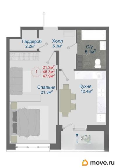 1-комн. квартира, 47.9 м&sup2;