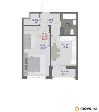 1-комн. квартира, 47.9 м&sup2;