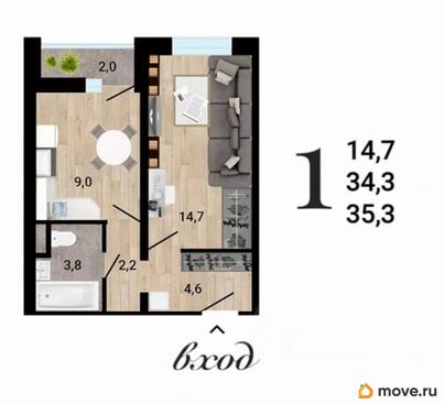 1-комн. квартира, 35.4 м&sup2;