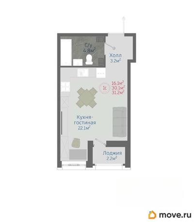 1-комн. квартира, 31.2 м&sup2;