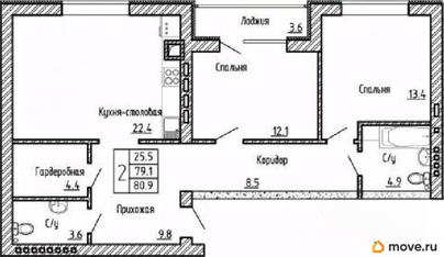 2-комн. квартира, 80.9 м&sup2;