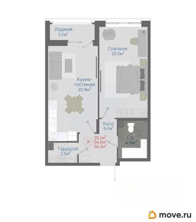 2-комн. квартира, 56.2 м&sup2;