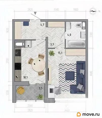 1-комн. квартира, 39.4 м&sup2;