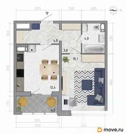 1-комн. квартира, 42.4 м&sup2;