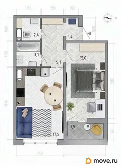 1-комн. квартира, 46.9 м&sup2;