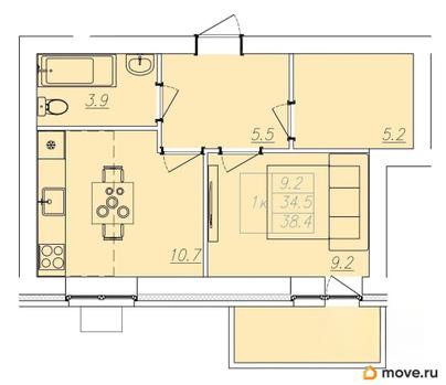 1-комн. квартира, 38.4 м&sup2;