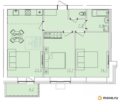 3-комн. квартира, 70.1 м&sup2;