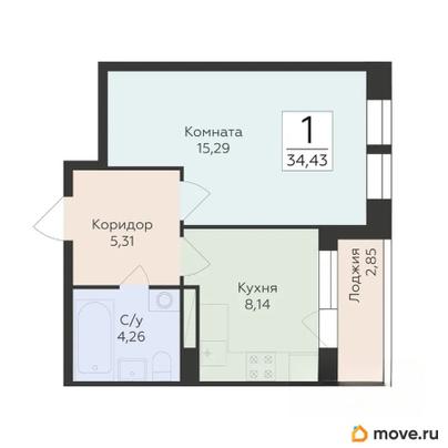 1-комн. квартира, 34.43 м&sup2;