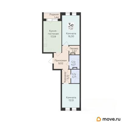 3-комн. квартира, 71.84 м&sup2;