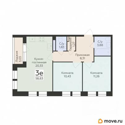 3-комн. квартира, 58.83 м&sup2;