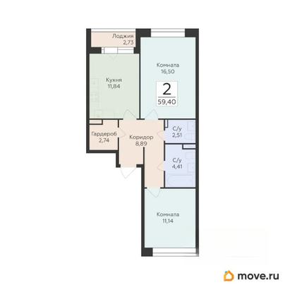 2-комн. квартира, 59.4 м&sup2;