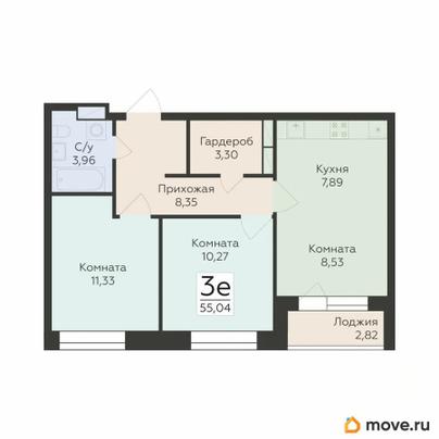 3-комн. квартира, 55.04 м&sup2;