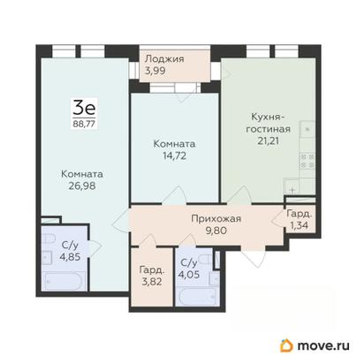 3-комн. квартира, 88.77 м&sup2;