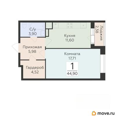 1-комн. квартира, 44.9 м&sup2;