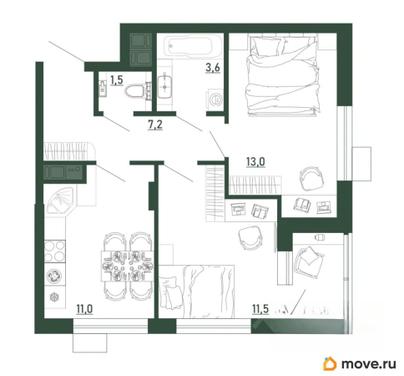 2-комн. квартира, 49.5 м&sup2;