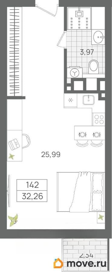 1-комн. апартаменты, 32.26 м&sup2;