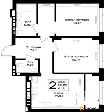 2-комн. квартира, 61.21 м&sup2;