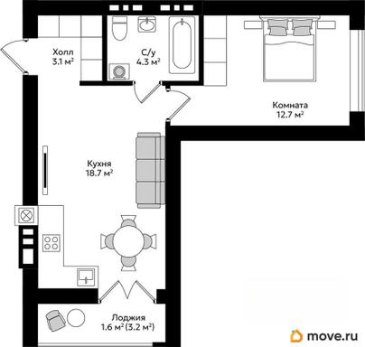1-комн. квартира, 40.4 м&sup2;