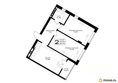 2-комн. квартира, 62.46 м&sup2;
