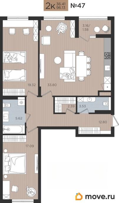2-комн. квартира, 96.13 м&sup2;