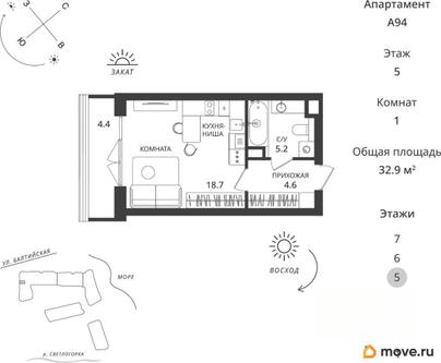1-комн. апартаменты, 32.9 м&sup2;